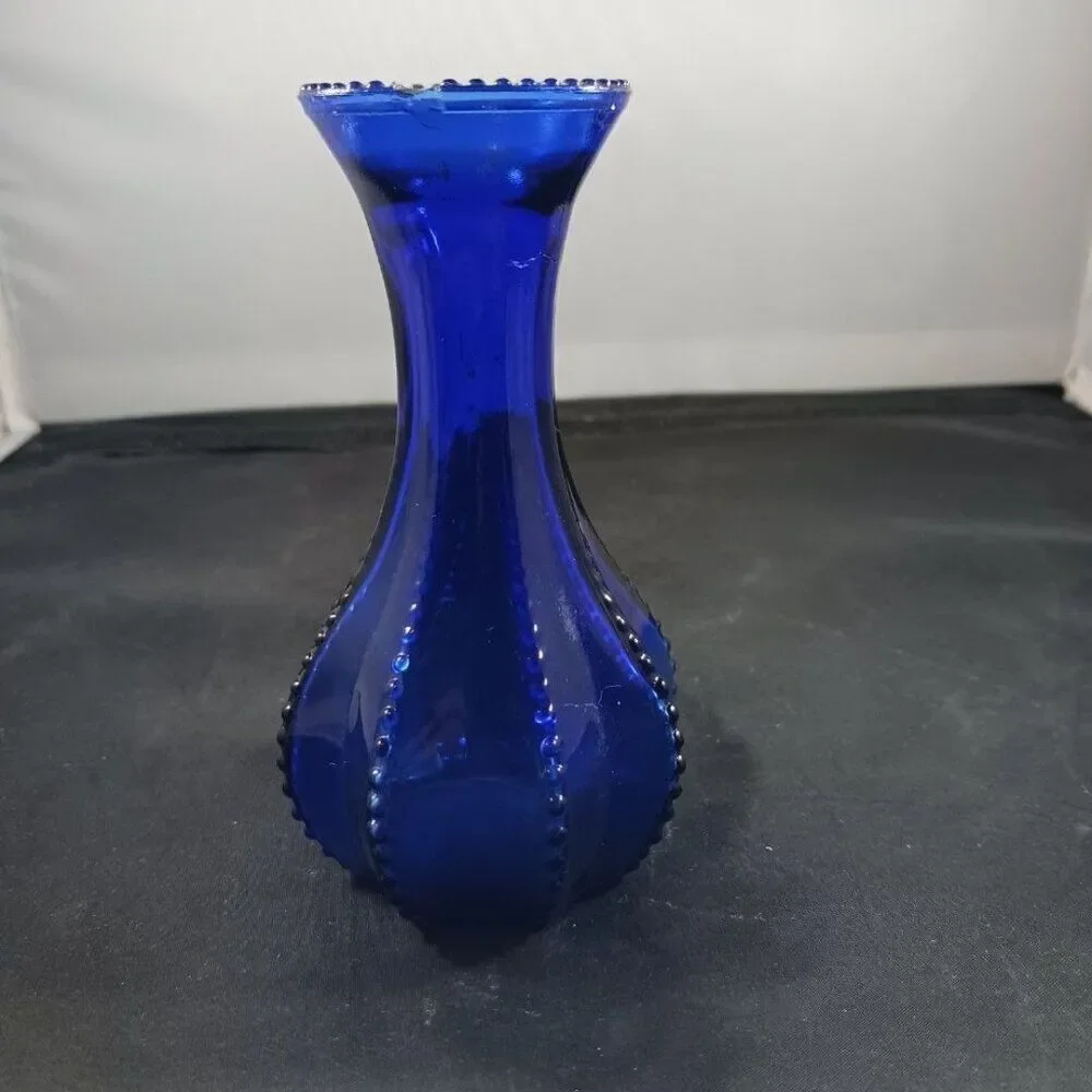 Vintage Indiana Glass Vase Beaded Edge Zipper 8 Sided Cobalt Blue 4 7/8